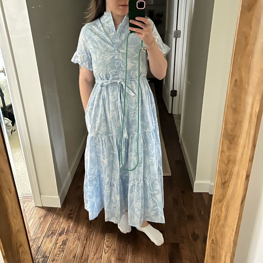 J.Marie Light Blue Floral Tiered Dress with Tie Waist